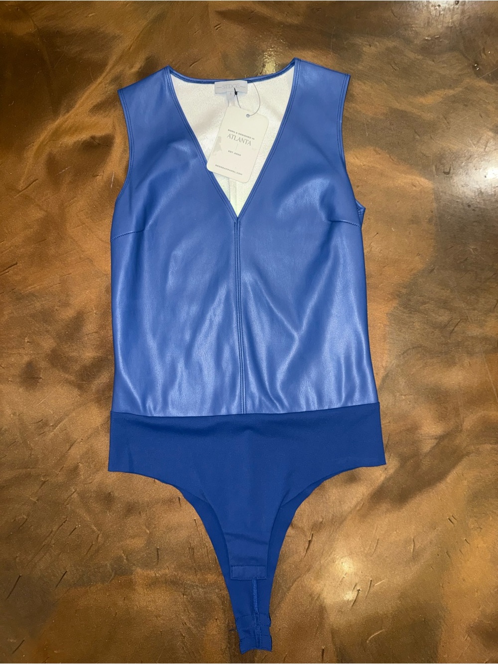 Vibrant Blue Faux Leather V-Neck Bodysuit